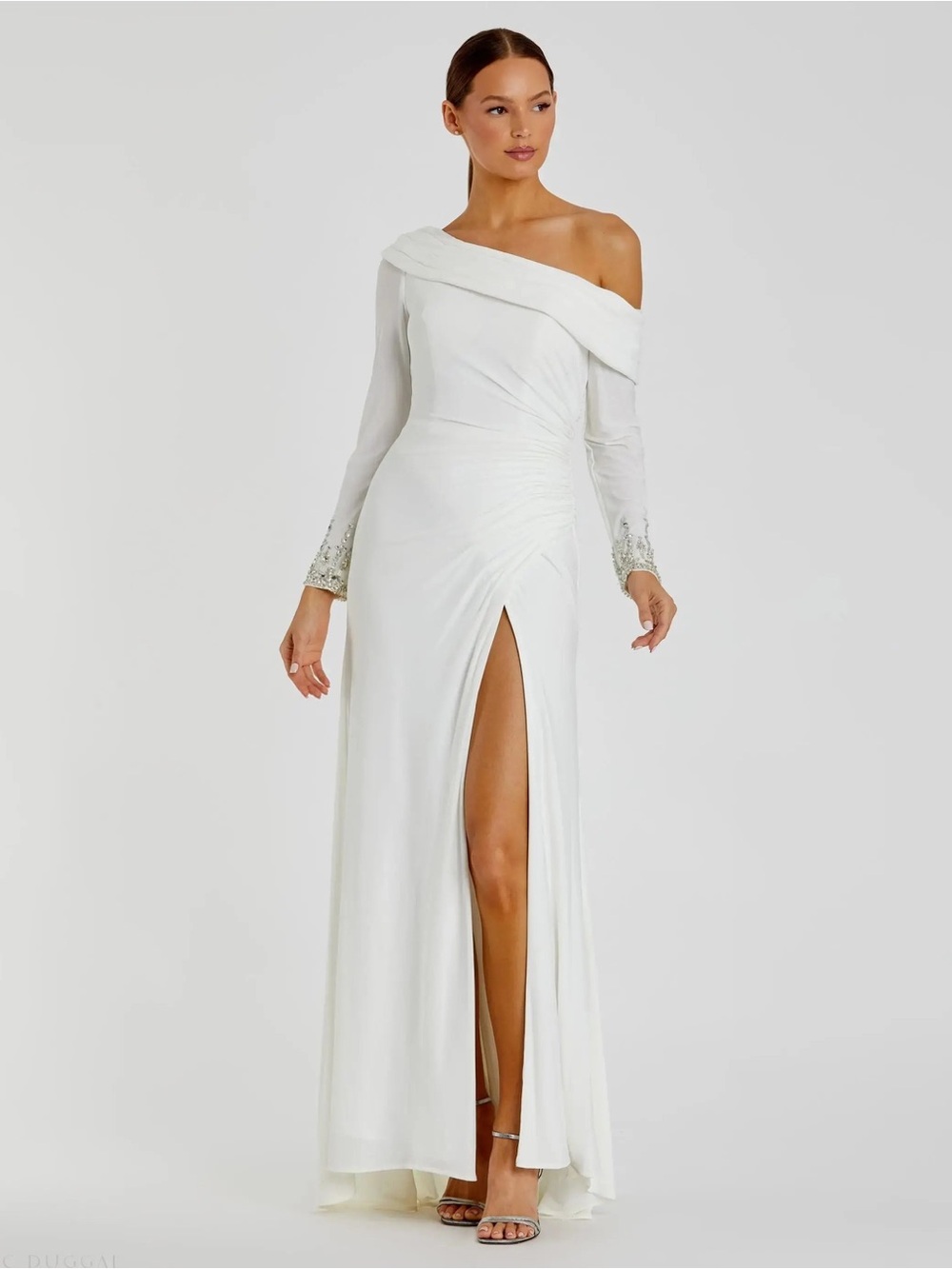 Mac Duggal Off-Shoulder White Ruched Evening Gown with Embellished Cuffs